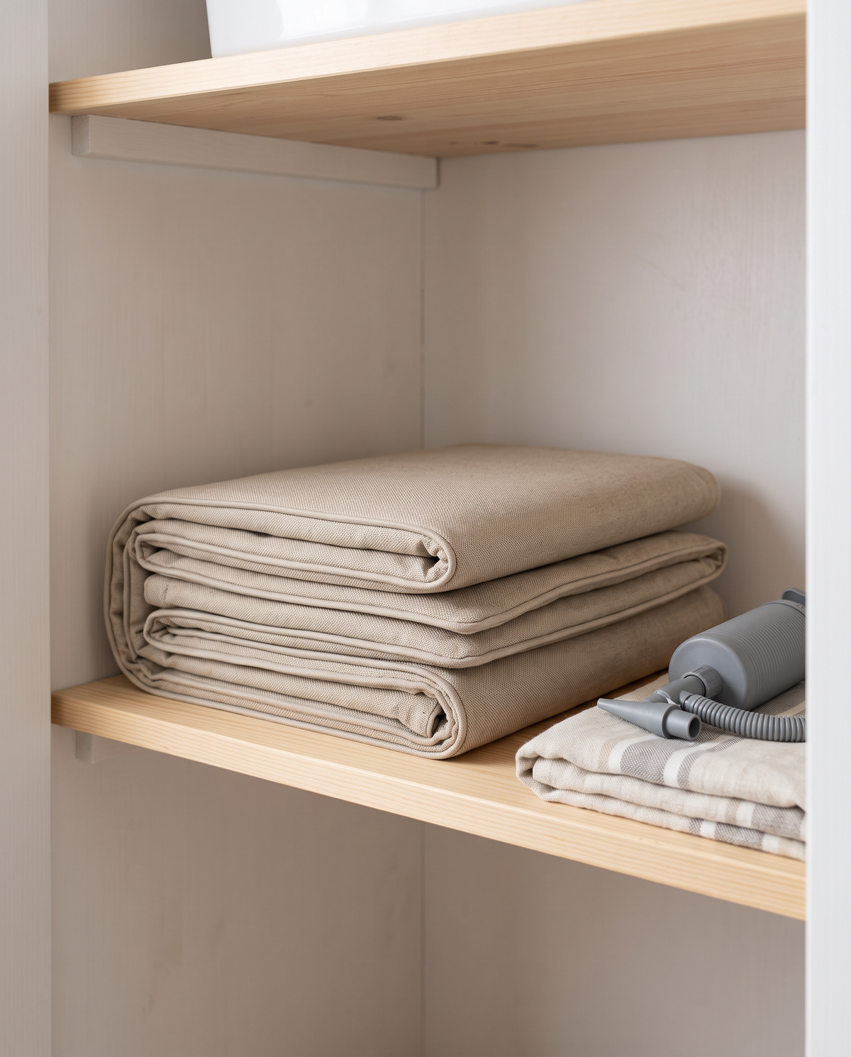 A deflated Poolboy float folded flat on a shelf for winter storage, beside the hand pump.