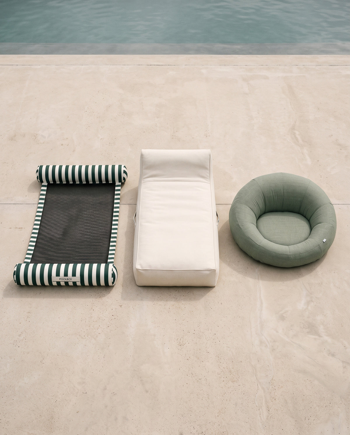 The three Poolboy products together: Sinka-Bit hammock, Floata-Long lounger and Floata-Round