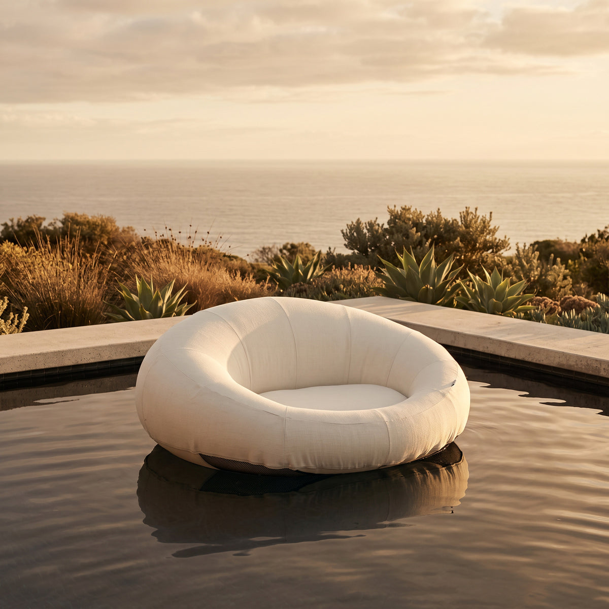 Poolboy Floata-Round in Cloud white on the water.